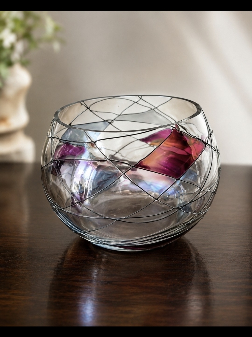 Handblown Glass Art Bowl with Pink &Decorative Art Glass Bowl Iridescent Accents